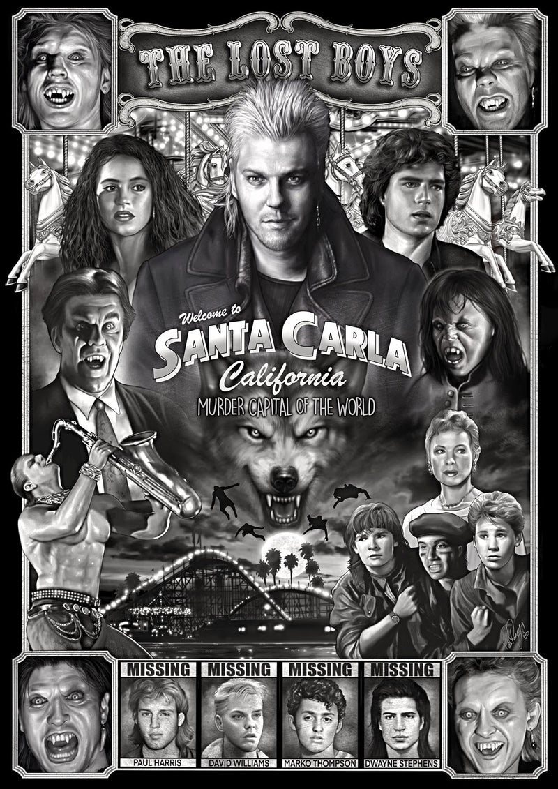 Santa Carla Lost Boys Mens T-Shirt Gothic Horror Print, Black Cotton T-Shirt, Movie Poster Tee