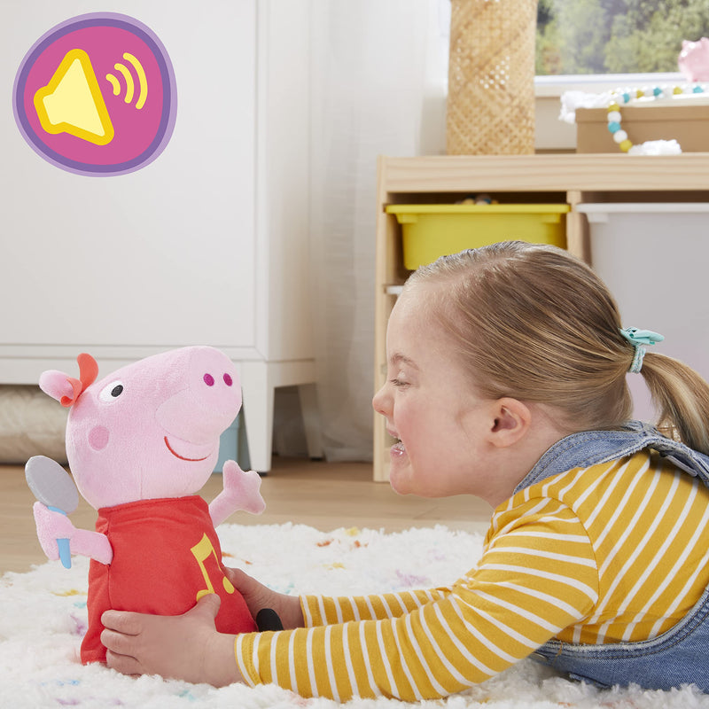 Peppa Pig Grunz-mit-mir-Peppa, Singing Plush Doll with Red Dress and Bow, Sings 3 Songs from the Series, Suitable from 3 Years