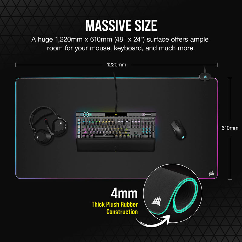 Corsair MM700 RGB Extended 3XL Cloth Gaming Mouse Pad - 1,220mm x 610mm (48” x 24”) - 360° RGB Lighting - Two USB Port Hub - Thick Rubber - Black