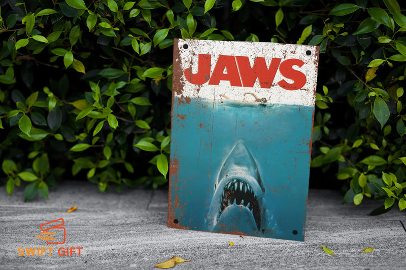 Jaws Film Rustic Metal Tin Sign Vintage Style Movie Picture Poster Merchandise for Cinema Room ideas or Funny Bathroom Hot Tub Home Cinema Accessories Man Cave Gift Gifts 20cm x 15cm