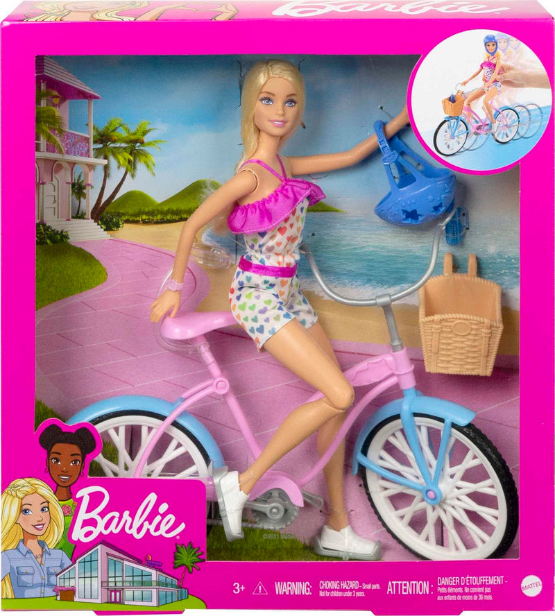 Barbie Doll and Bike Playset with Doll (11.5 in, Blonde), Bicycle with Rolling Wheels & Water Bottle Accessory, Gift for 3 to 7 Year Olds,Blue,pink,white