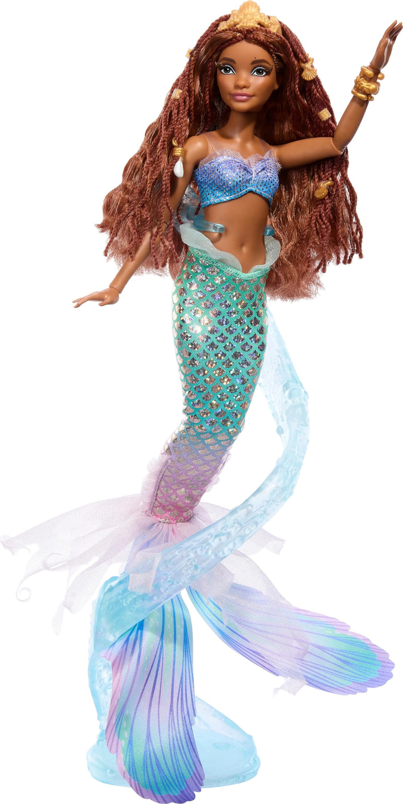 Mattel Disney The Little Mermaid Deluxe Mermaid Ariel Doll with Iridescent Tail, Hair Jewelry Beads, and Doll Stand, HNF42