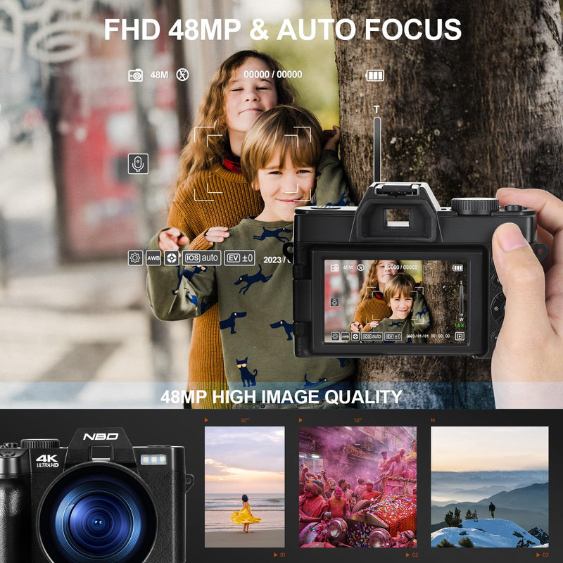 NBD 4K Digital Cameras for Photography - 48MP/60FPS Video Camera for Vlogging, WiFi & App Control, YouTube Vlogging Camera with 32GB TF Card. Wide-Angle & Macro Lens Included (Black)