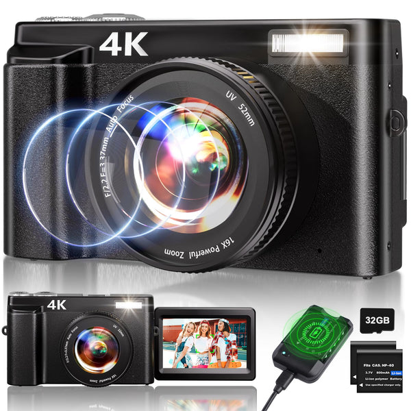 4K Digital Camera,48MP Autofocus Video Camera with 32G Card, 2.7'' 180°Flip Screen Vlogging Camera for Youtube 16X Digital Zoom with Flash, Rechargeable Compact Camera for Teens Beginners Adults