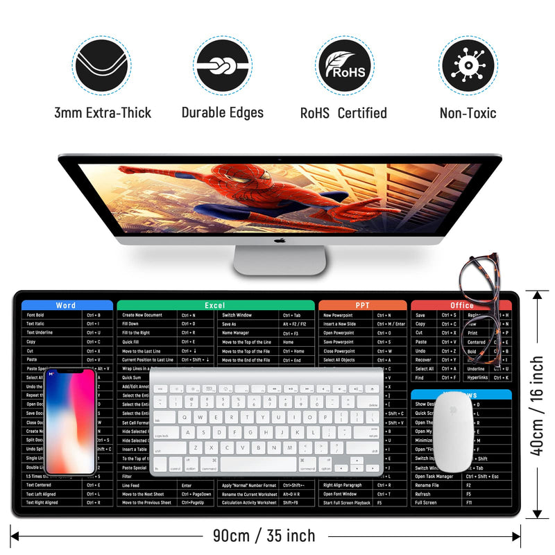 JIALONG Keyboard Excel Shortcuts Mouse Mat Large XXL (900x400mm) Thick Extended Mouse Pad Desk Pad Soft Computer Keyboard Mice Mat for Macbook, PC, Laptop, Office