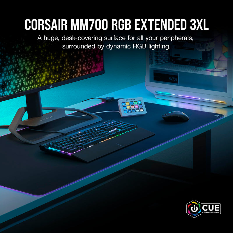 Corsair MM700 RGB Extended 3XL Cloth Gaming Mouse Pad - 1,220mm x 610mm (48” x 24”) - 360° RGB Lighting - Two USB Port Hub - Thick Rubber - Black