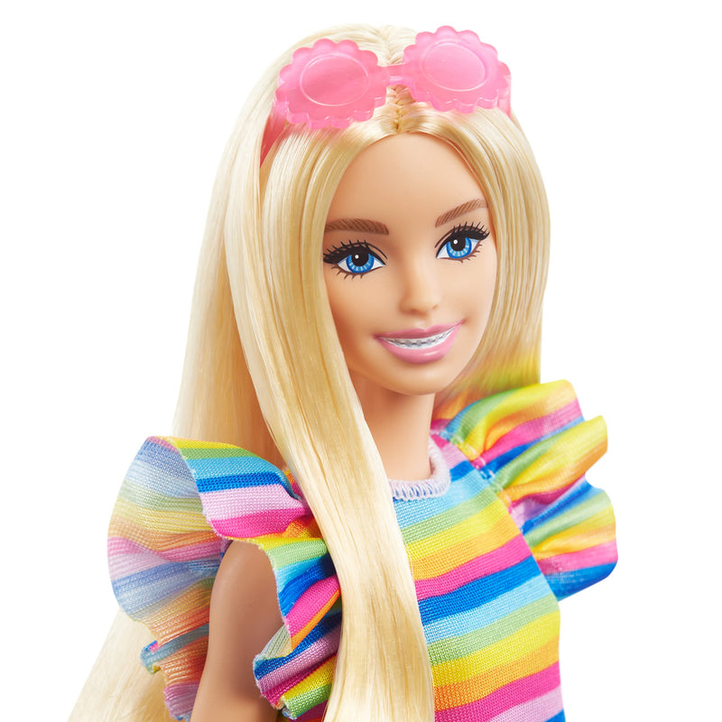 Barbie Doll, Kids Toys and Gifts, Blonde with Braces and Rainbow Dress, Barbie Fashionistas, Clothes and Accessories, HJR96