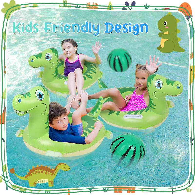 2Pack Pool Inflatables for Kids, Dinosaur Inflatable Swimming Ring Pool Floats with 12 Inch Beach Ball, Durable Rubber Ring Swim Ring Pool Toys for Summer Beach Pool Water Party