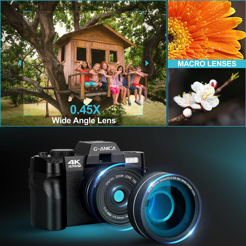 G-Anica 4K Digital Cameras for Photography, 48MP Vlogging Camera for YouTube with WiFi, 180° Flip Screen Compact Camera with Flash, 16X Digital Zoom Travel Camera with Wide-Angle &Macro Lens