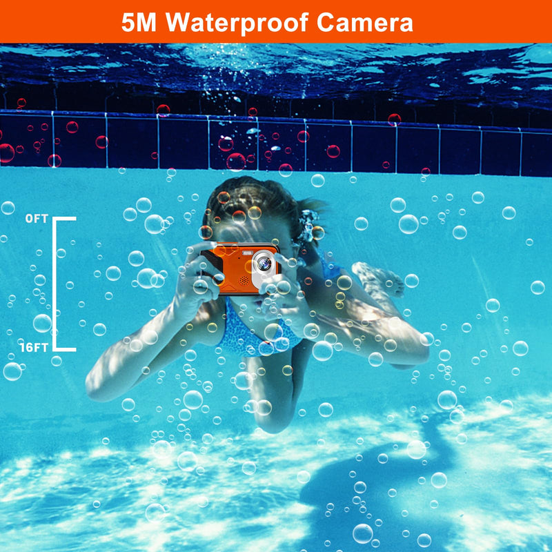 Waterproof Digital Camera with a Battery and 32GB Micro Card,30MP Small Underwater Cameras with PC Webcam and Picture Editing Function,Children Video Camera for Kids/Adult/Elderly/Beginners(Orange)