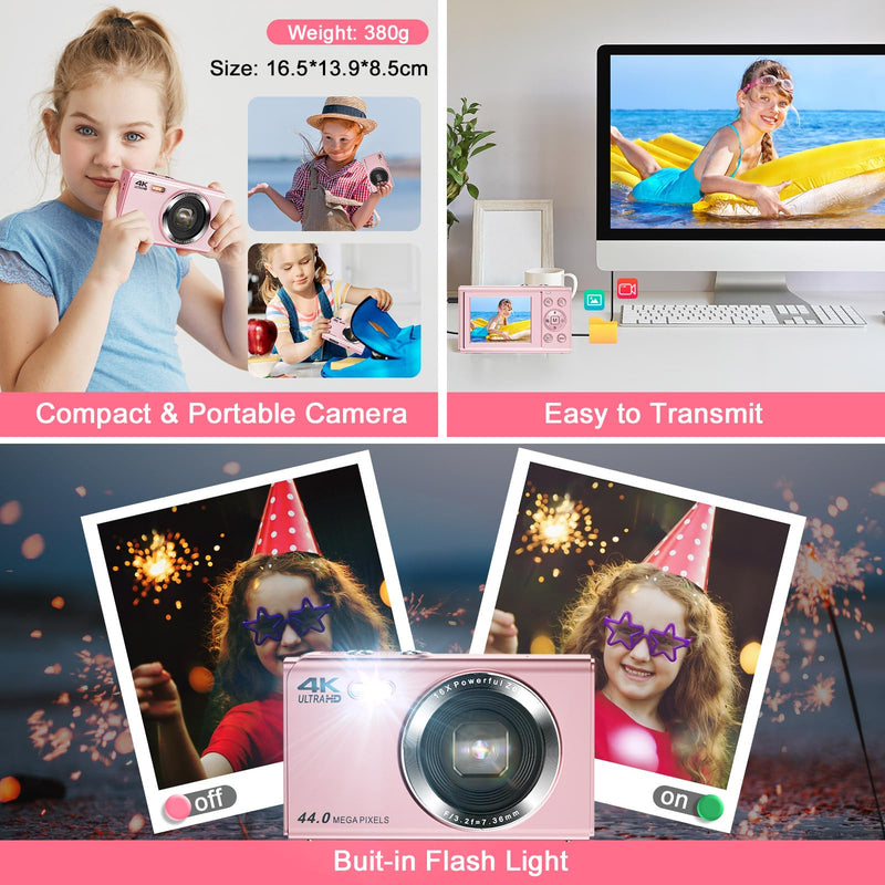 SOPPY Digital Camera, FHD 1080P 44MP Compact Camera,Vlogging Camera with 32G SD Card, 2.4" LCD Screen Rechargeable Camera with 16X Digital Zoom, Mini Camera for Boys Girls Kids Beginners, Pink