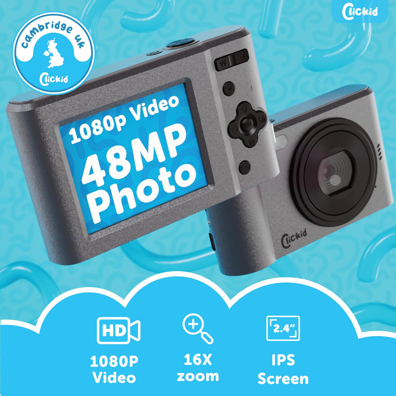 All-in-One Digital Camera with 48MP 1080p Photography and Full HD Video for Vlogging | 16x Zoom, 2.4" IPS Screen | 32GB Micro SD Card, Tripod and Extra Battery Included | ClicKid CAM20