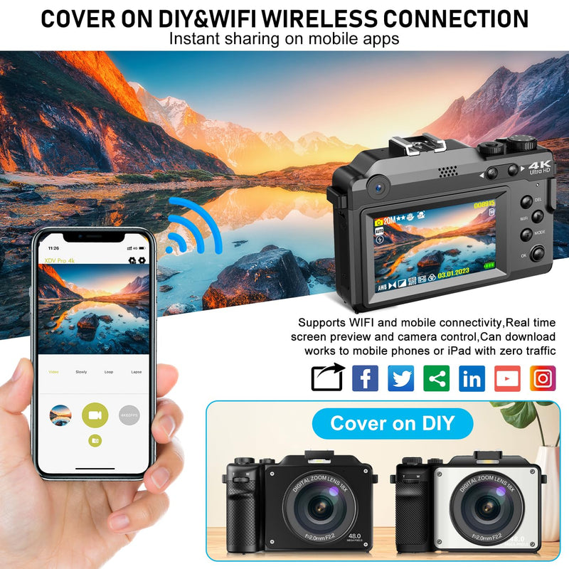 Digitai 4K Compact Camera for Photography, 48MP Vlogging Camera with Wi-Fi and Free 64GB SD Card, 18x Digital Zoom, Dual Lens Selfie Function