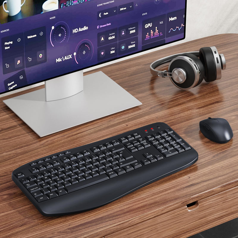 Wireless Keyboard and Mouse Set, 2.4GHz USB Connection, Full Size Ergonomic Keyboard with Palm Wrist Rest and Tilt Stands,1600 DPI Mouse, Combo for PC, Laptop, QWERTY UK Layout, Black