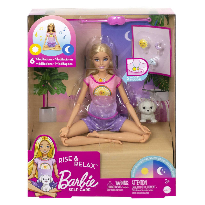 Barbie Rise and Relax Doll, Blonde, Light & Music for Meditation, Eye Mask, Puppy & 3 Emoticon Plug-Ins, Toy for Kids 3 Years Old & Up, HHX64