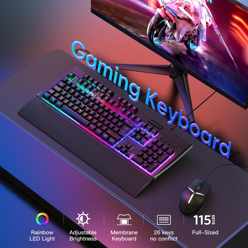 OMOTON Gaming Keyboard with Wrist Rest, RGB Backlit Ergonomic Gaming Keyboard, 115 keys Full Size USB Wired Silent Membrane Keyboard for PC/Computer/Laptop, QWERTY UK Layout, Black