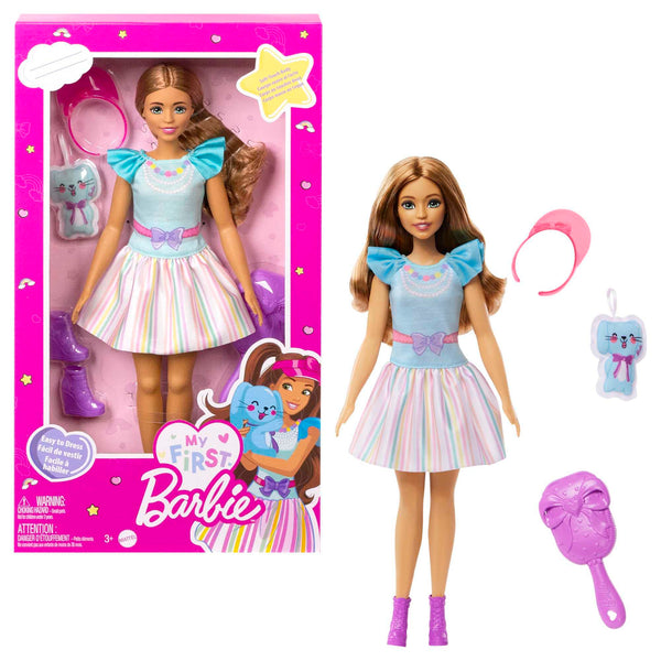 Barbie Doll for Preschoolers, My First Teresa Doll, 13.5-inch doll, Brunette, Kids Toys and Gifts, Plush Bunny, Accessories, Soft Poseable Body, from 3 Years, HLL21