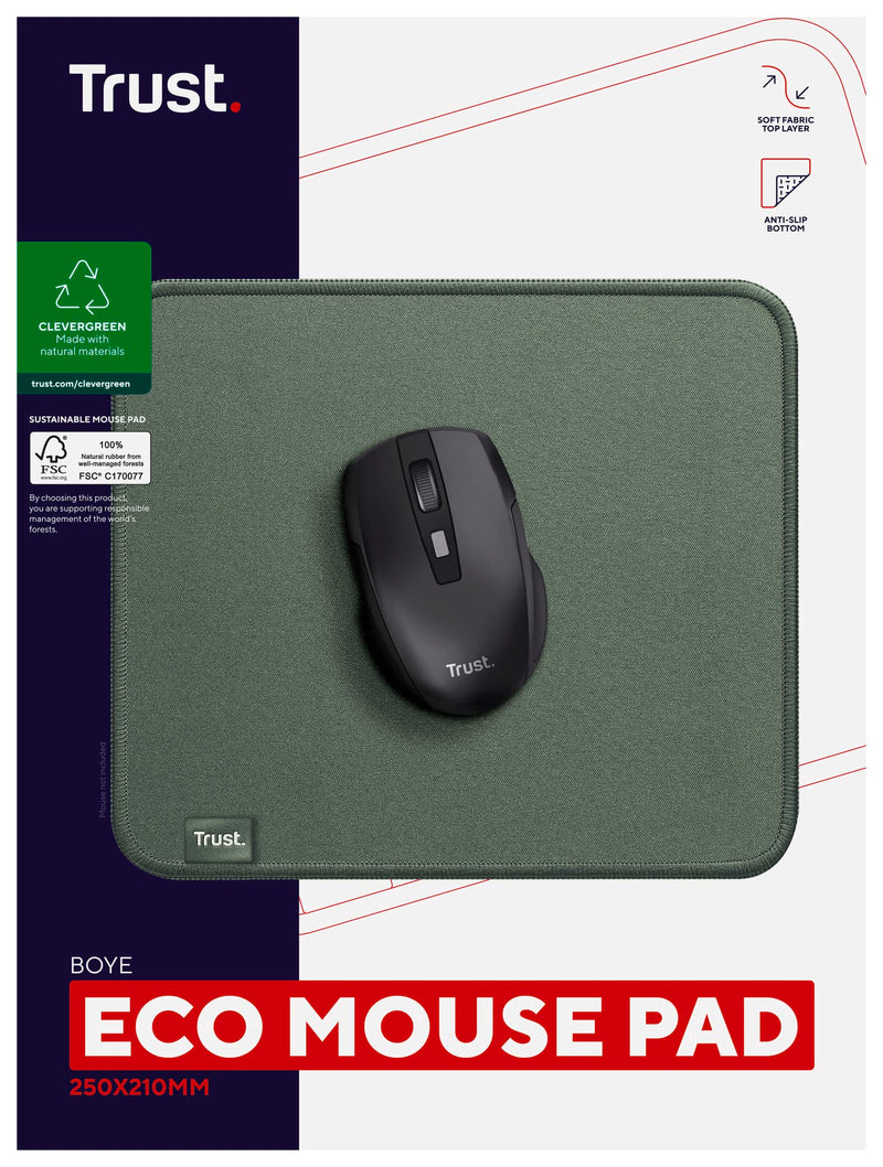 Trust Boye Mouse Pad, Sustainable Design, Rubber Anti-slip Bottom, 250 x 210 x 3mm, Mouse Mat with Stitched Edge, Machine Washable, Office Mouse Pad for Work, Home Office - Green