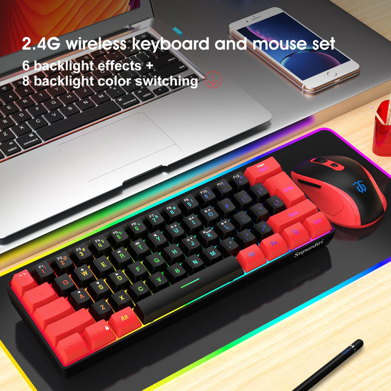 Snpurdiri 2.4G Wireless Gaming Keyboard and Mouse Combo, Include Mini 60% Merchanical Feel Keyboard, Ergonomic Vertical Feel Small Wireless Mouse(Red and Black)