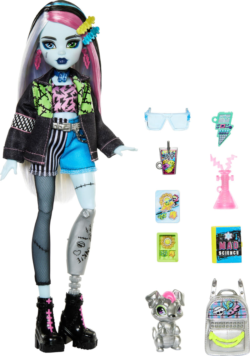 Monster High Frankie Stein Doll in Denim Jacket and Shorts, Includes Pet Dog Watzie and Accessories like a Backpack, Snack and Notebook, HXH73