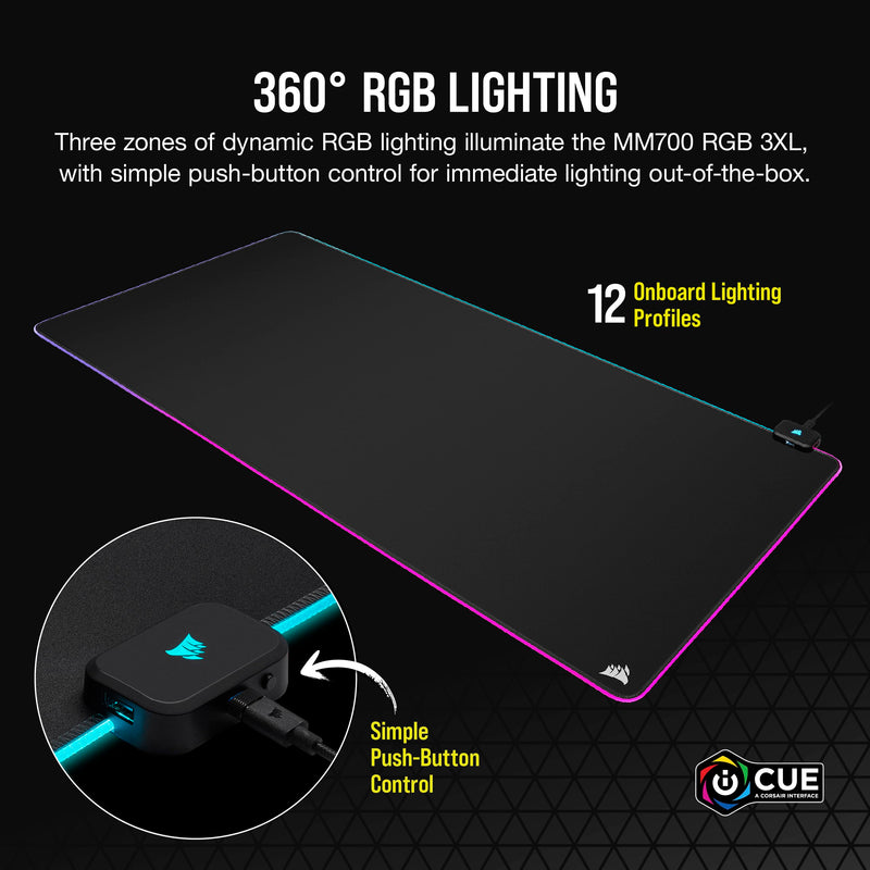 Corsair MM700 RGB Extended 3XL Cloth Gaming Mouse Pad - 1,220mm x 610mm (48” x 24”) - 360° RGB Lighting - Two USB Port Hub - Thick Rubber - Black