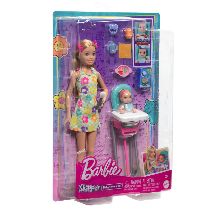 Barbie Skipper Doll & Playset with Accessories, Babysitting Set Themed to Mealtime, Color-change Toy Play, HTK35