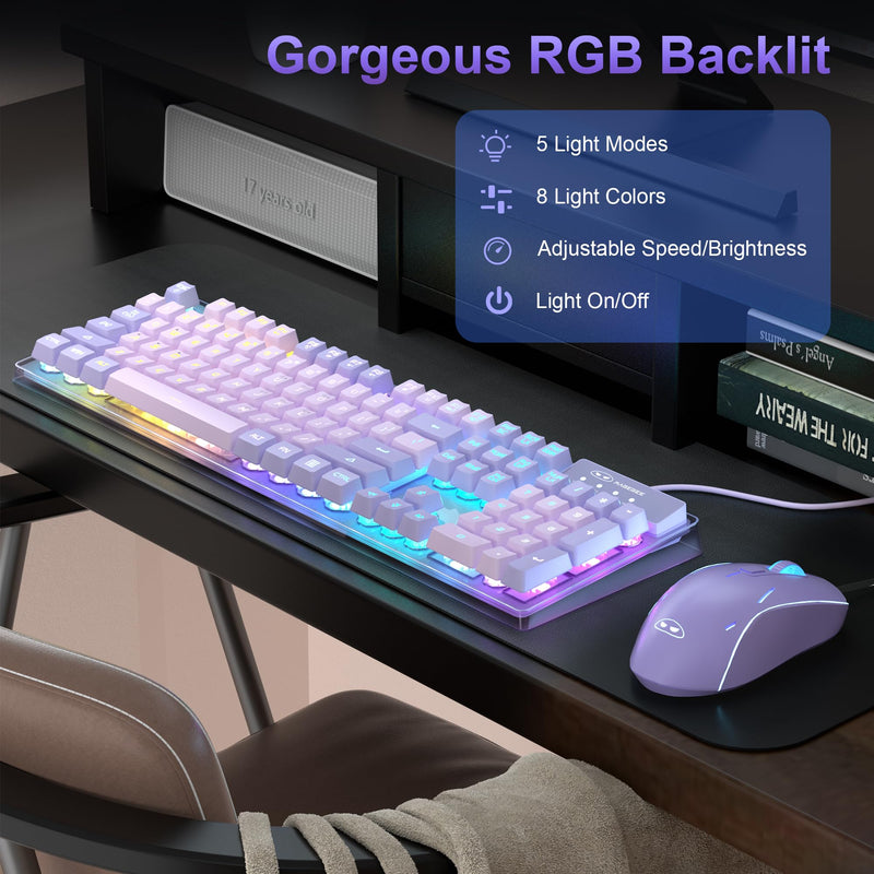 MageGee Gaming Keyboard and Mouse Combo, K1 RGB LED Backlit Keyboard with 104 Key Computer PC Gaming Keyboard for PC/Laptop (Purple)