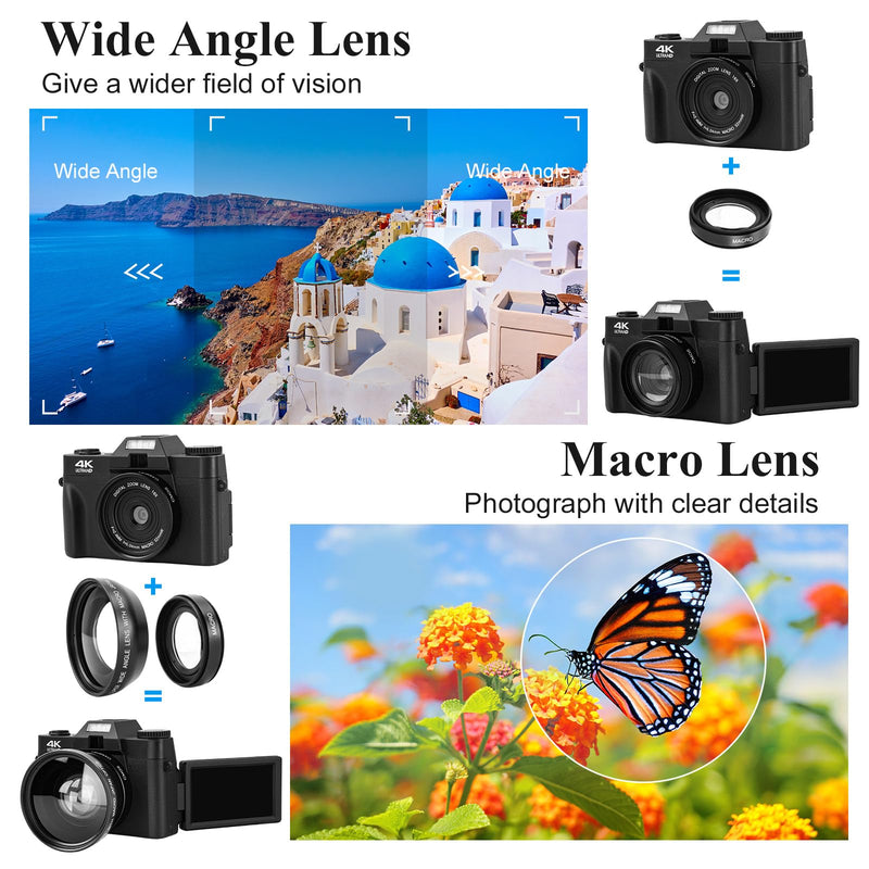 Digital Camera, LAMA 4K 48MP Autofocus Vlogging Camera, Compact Camera with 3.0 Inch 180° Flip Screen, 16X Digital Zoom Camera for YouTube with Wide-angle Lens, 32GB SD Card, 2 Batteries Black