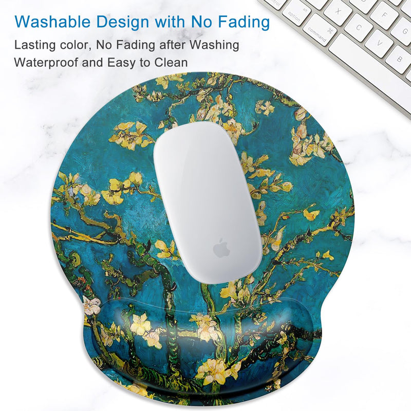 ITNRSIIET Mouse Pad and Coaster Set, Ergonomic Mouse Pad with Wrist Support, Non-Slip Rubber Base, Comfortable Memory Foam Wrist Rest Support and Lycra Cloth, Almond Blossom