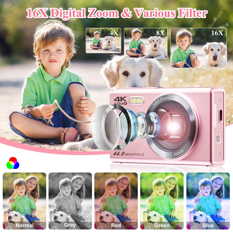 SOPPY Digital Camera, FHD 1080P 44MP Compact Camera,Vlogging Camera with 32G SD Card, 2.4" LCD Screen Rechargeable Camera with 16X Digital Zoom, Mini Camera for Boys Girls Kids Beginners, Pink