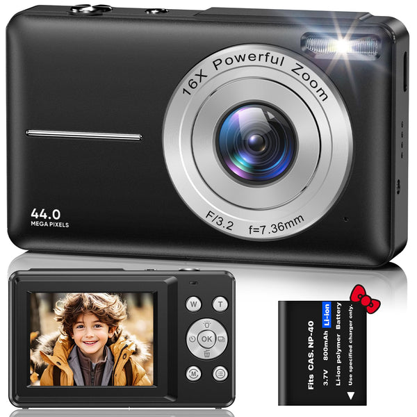 Digital Camera, FHD 1080P 44MP Digital Cameras Compact, 2.4"" LCD Rechargeable Digital Cameras, Vlogging Camera with 16X Digital Zoom for Kids, Adult, Teenagers, Girls, Boys（Black）