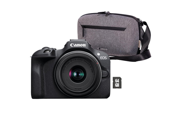 Canon EOS R100 Mirrorless Camera + RF-S 18-45mm F4.5-6.3 IS STM Lens - 24.1MP, 4K Video | Dual Pixel CMOS Auto Focus | Wi-Fi & Bluetooth | Easy-To-Use | Includes a Camera Bag + 64GB SD Card