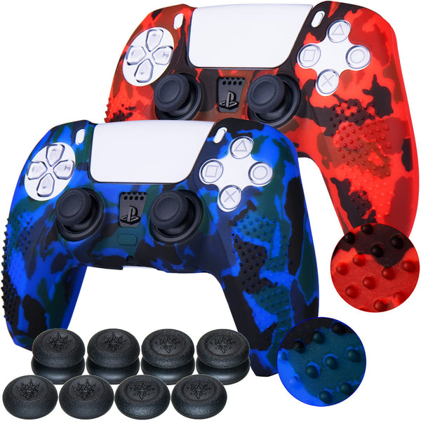 YoRHa Studded Printing Silicone Rubber Customizing Skin Cover for PS5 Dualsense Controller x 2(Red Blue) With Pro thumb grips x 8