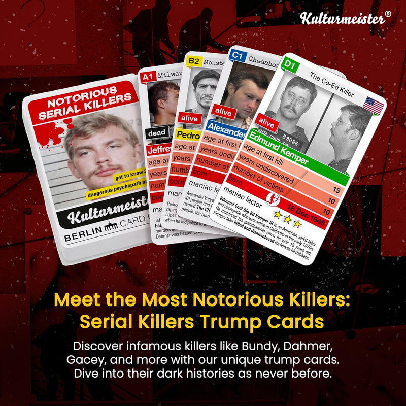 Kulturmeister - Notorious Serial Killers Trump Card Game: Unique Playing Cards Themed for Crime Solving, Mystery Investigation - Dive into Detective Games with a Serial Killer Theme