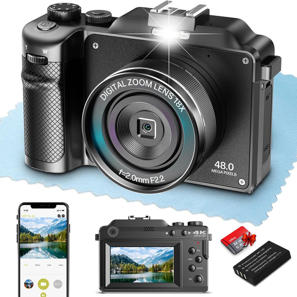 Digital Camera,4K 48MP Autofocus Video Camera with Wide Angle & Macro Lens 18X Zoom Dual-lens Selfie Function,Powerful Travel Camera for Photography with Wifi & 32G Card for Tiktok YouTube Vlogging