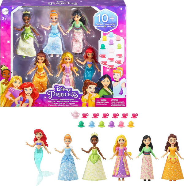 Mattel Disney Princess Toys, 6 Posable Small Dolls with Sparkling Clothing and 13 Tea Party Accessories Inspired by Disney Movies, HLW91