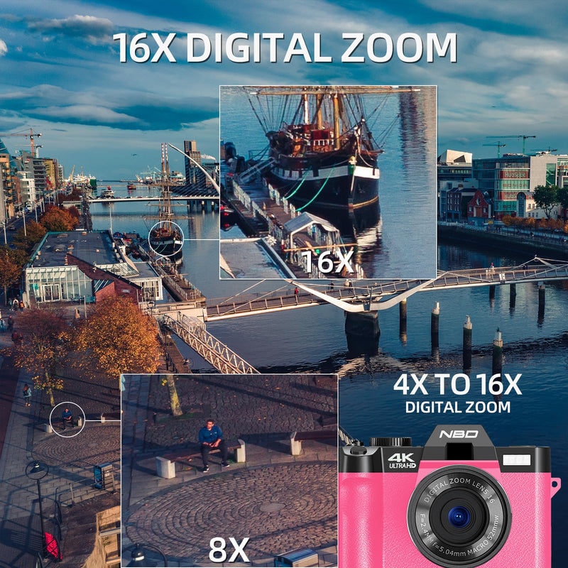 NBD S100 Digital Cameras for Photography, 48MP 4K Vlogging Camera with 180° Flip Screen,WiFi, 60FPS Autofocus Travel Camera,Compact Camera 32GB TF&2 Batteries Included,Beginner-Friendly (Pink)