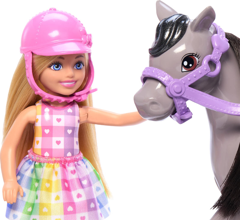Barbie Chelsea Doll & Horse Toy Set, Includes Helmet Accessory & Saddle, Doll Bends at Knees to “Ride” Gray Pony, HTK29