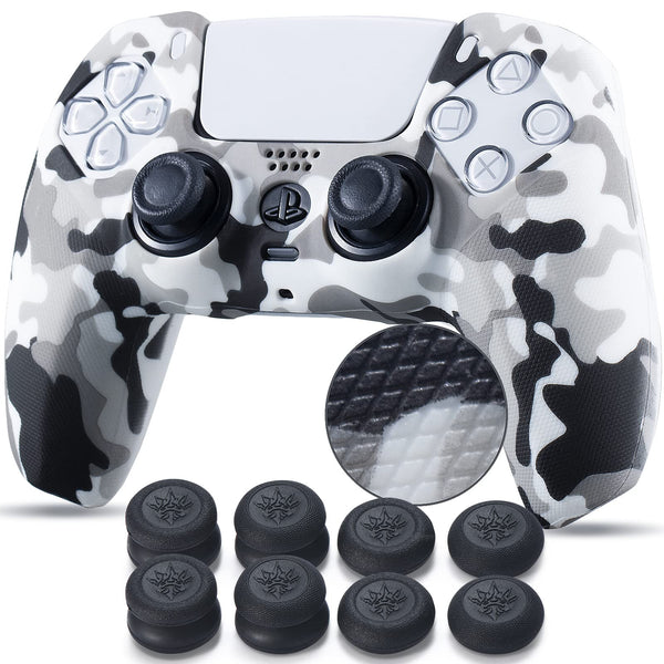 YoRHa Studded Printing Silicone Rubber Customizing Skin Cover for PS5 Dualsense Controller x 1(Camouflage White) with Pro Thumb Grips x 10