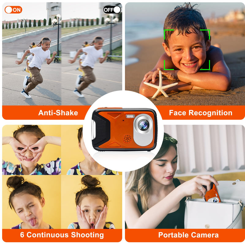 Waterproof Digital Camera with a Battery and 32GB Micro Card,30MP Small Underwater Cameras with PC Webcam and Picture Editing Function,Children Video Camera for Kids/Adult/Elderly/Beginners(Orange)