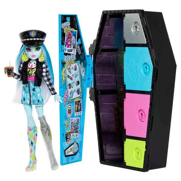 Monster High Doll and Fashion Set, Frankie Stein with Dress-Up Locker and 19+ Surprises, Skulltimate Secrets, HKY62