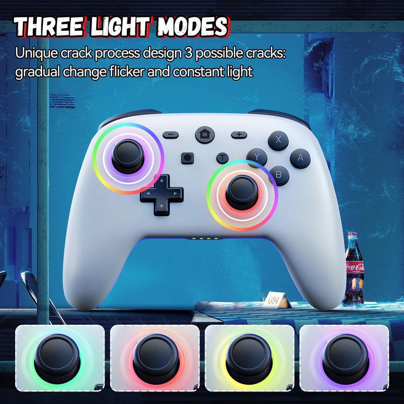 Geebond Wireless Switch Pro Controller for Nintendo Switch Controller/Lite/OLED, LED Multi-Platform Windows PC/IOS/Android Remote with Cool RGB Light/Motion Control/Vibration/Turbo/Wakeup-White