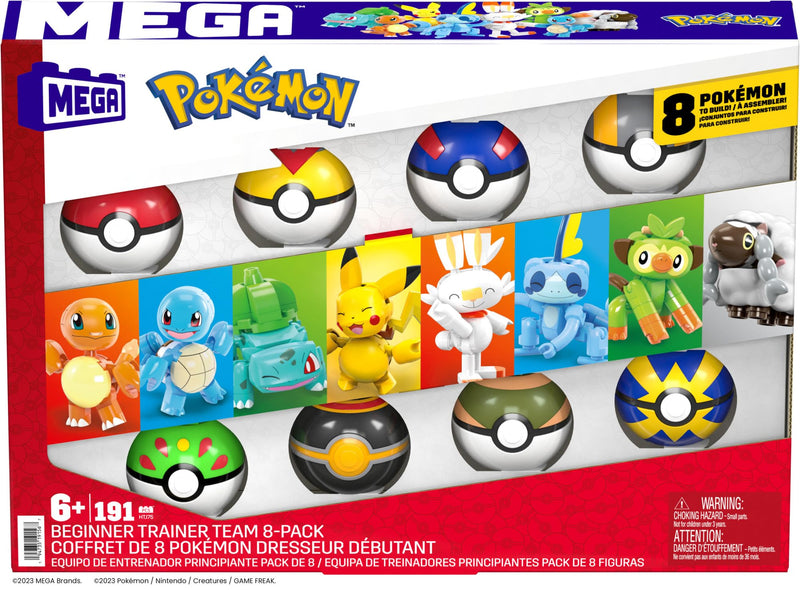 MEGA Pokémon Action Figure Building Toys, Beginner Trainer Team with 191 Pieces, 8 Characters Including Pikachu Charmander Squirtle, for Kids, HTJ75