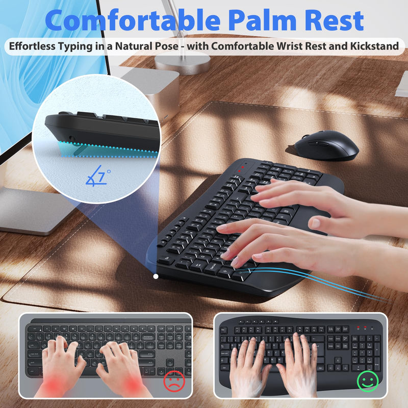 Wireless Keyboard and Mouse Set, 2.4GHz USB Connection, Full Size Ergonomic Keyboard with Palm Wrist Rest and Tilt Stands,1600 DPI Mouse, Combo for PC, Laptop, QWERTY UK Layout, Black