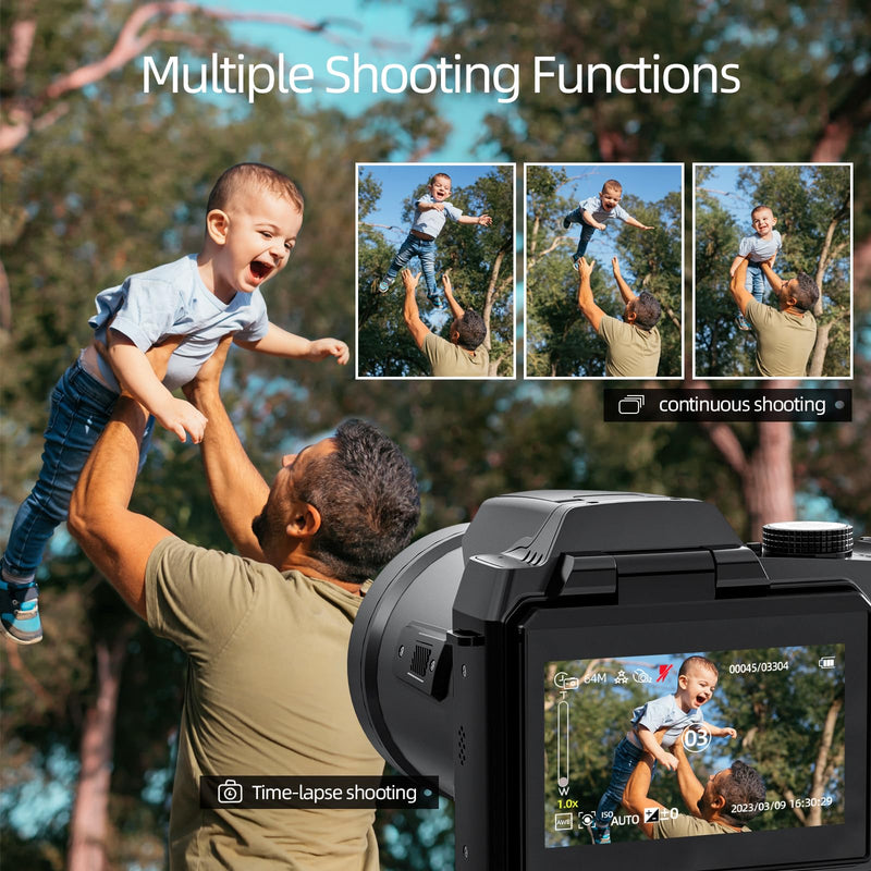 Monitech 64MP Digital Camera for Photography, 4K Vlogging Camera for YouTube with 3’’ Flip Screen,16X Digital Zoom,WIFI& Autofocus,Cameras Mic&Tripod,2 Batteries, 32GB TF Card (S200,Black)