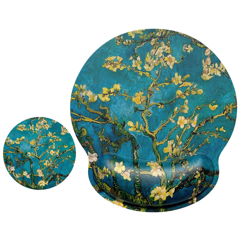 ITNRSIIET Mouse Pad and Coaster Set, Ergonomic Mouse Pad with Wrist Support, Non-Slip Rubber Base, Comfortable Memory Foam Wrist Rest Support and Lycra Cloth, Almond Blossom