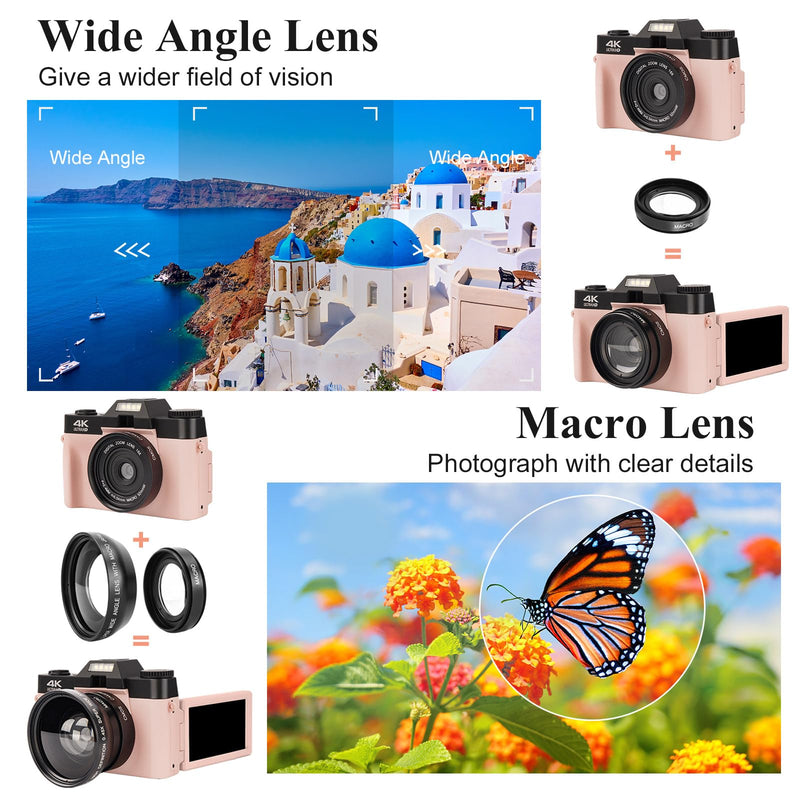 Digital Camera, LAMA 4K 48MP Autofocus Vlogging Camera, Compact Camera with 3.0 Inch 180° Flip Screen, 16X Digital Zoom Camera for YouTube with Wide-angle Lens, 32GB SD Card, 2 Batteries Pink