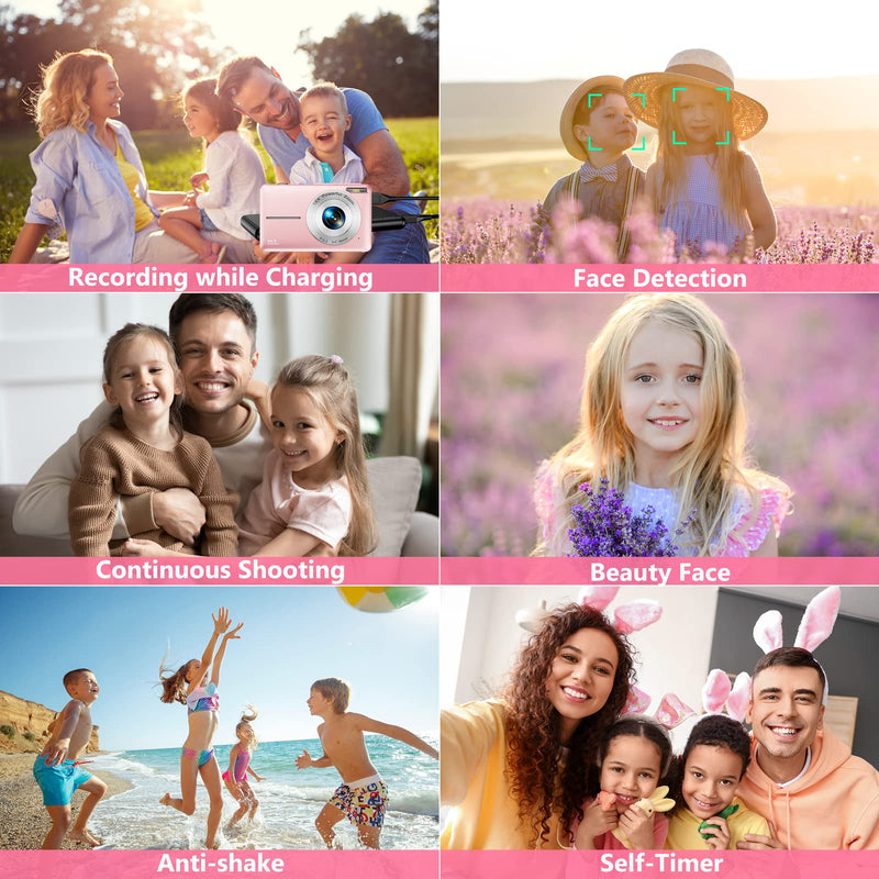 Digital Camera 1080P Kids Camera 44MP HD Compact Digital Camera Photo Camera Digital Camera Cheap with 2.4" Screen 16X Digital Zoom and 1 Battery for Girls, Boys, Beginner-Pink (No Card)