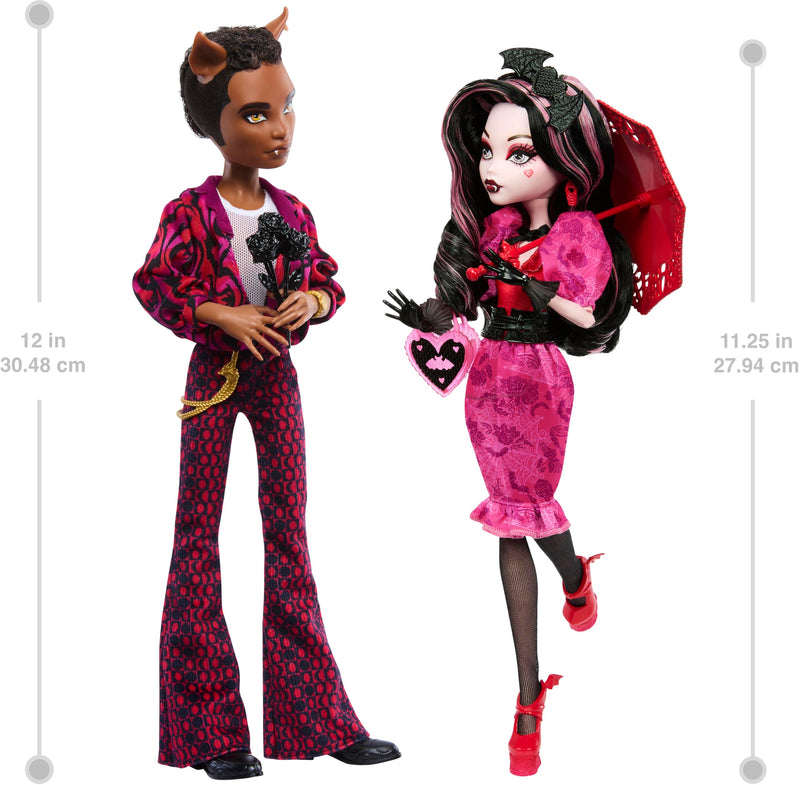 Monster High Dolls, Draculaura and Clawd Wolf Howliday Love Edition Collector Two-Pack with Doll Stands and Displayable Packaging