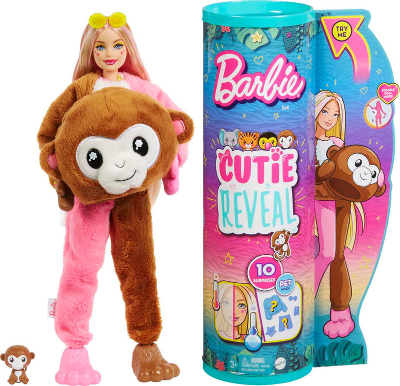 Barbie Dolls and Accessories, Cutie Reveal Doll with Monkey Plush Costume & 10 Surprises Including Color Change, Jungle Series